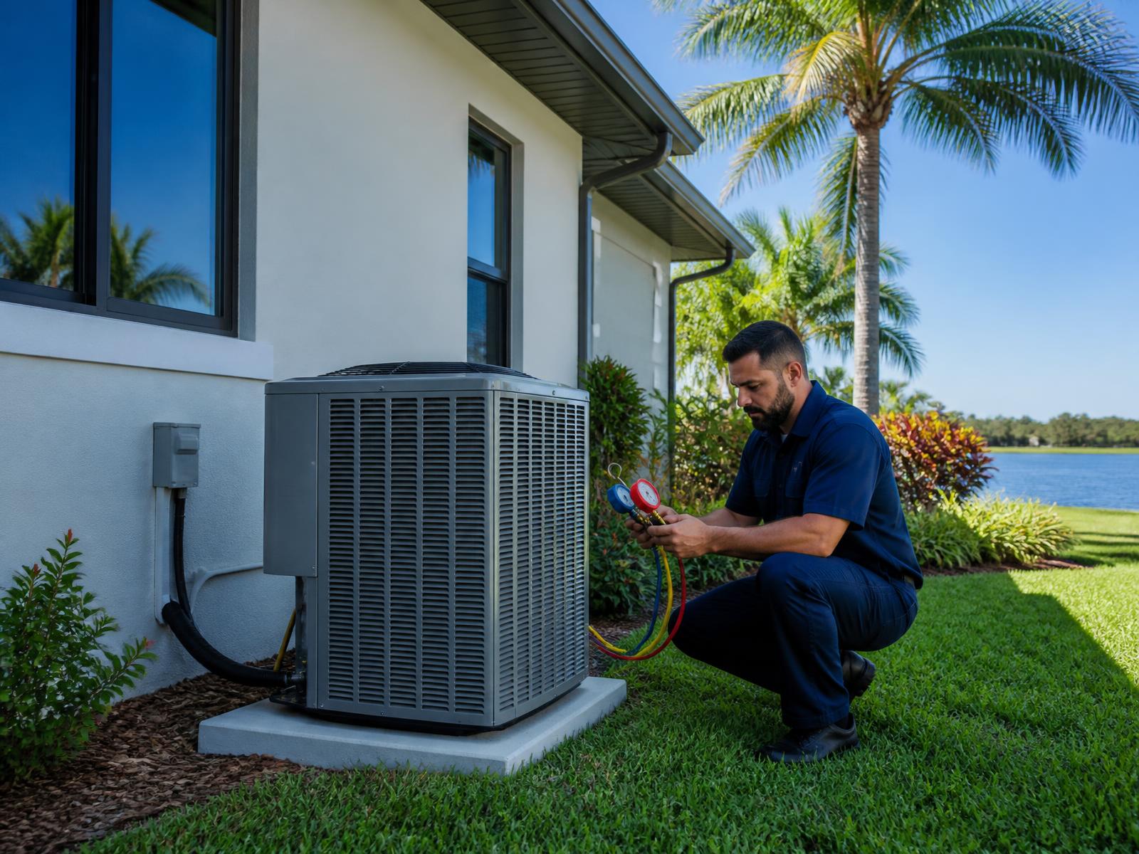 HVAC technician servicing an air conditioner at a Tampa home